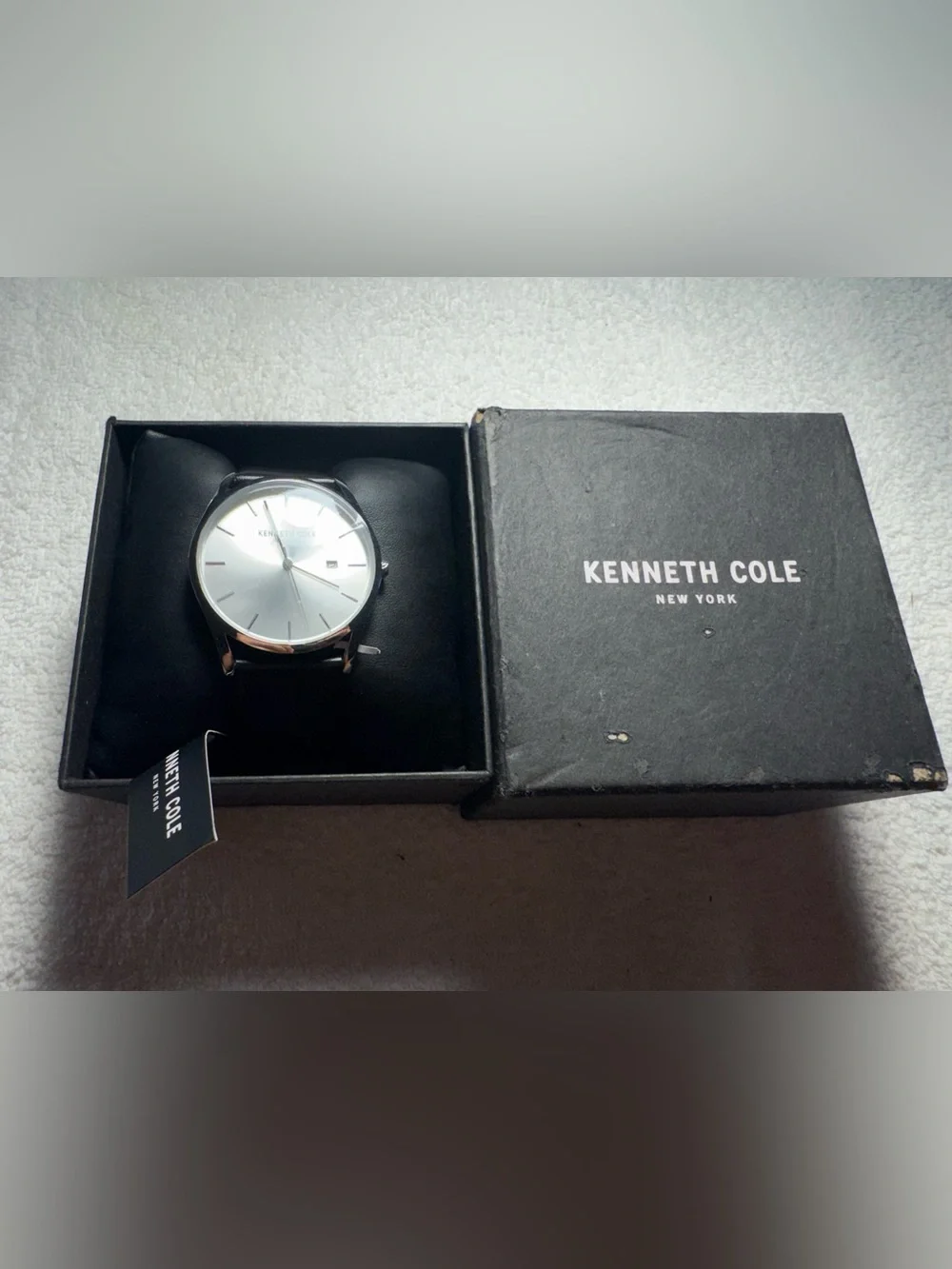 Kenneth Cole New York Silver Dial Quartz Black Leather Strap Watch w/ Box